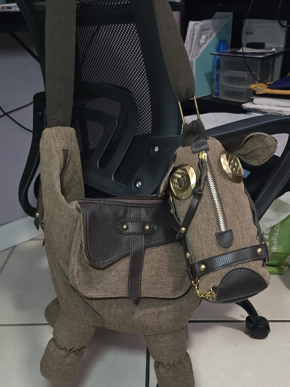 Novelty Khaki Brown Canvas Horse-Shaped Crossbody Bag